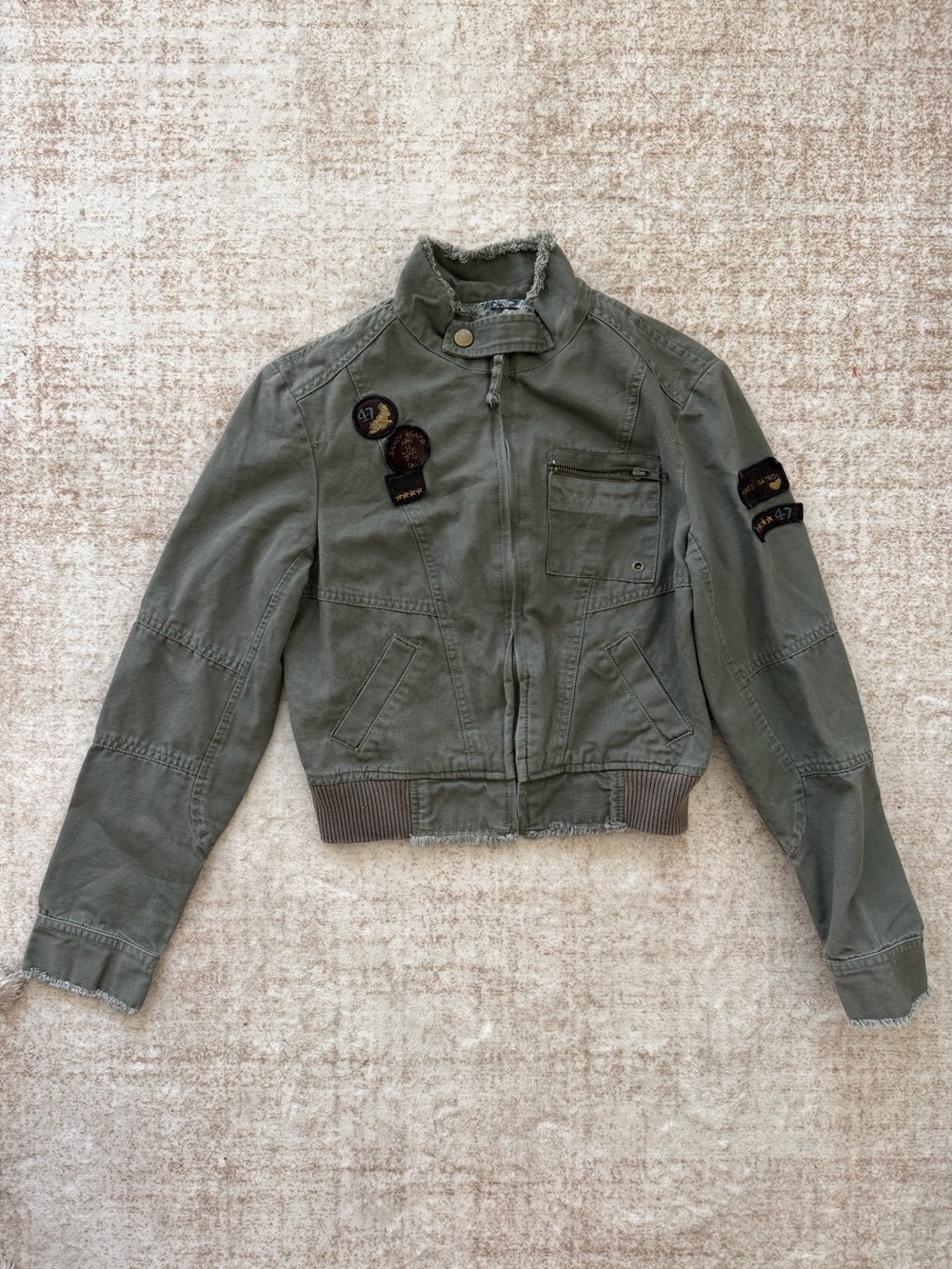 Star Jeans Cropped Military Moto Jacket Patches Olive Green Size M